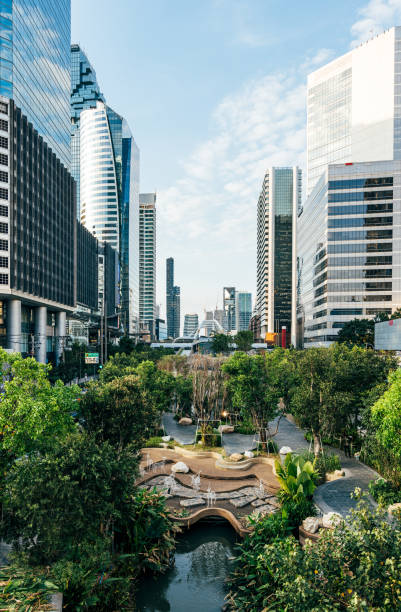 chong nonsi canal park with fresh greenery surrounded by modern futuristic skyscrapers in bangkok, thailand - garden decoration stock pictures, royalty-free photos & images