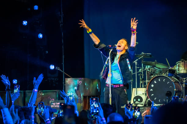 Chris Martin performs at the Coldplay concert held at the Music Hall of Williamsburg, October 07, 2024 in New York, New York.