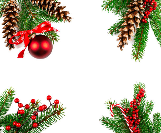 christmas background. fir branches, pine cones and christmas decoration - home decoration stock pictures, royalty-free photos & images