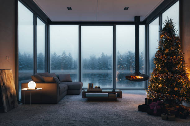 christmas celebration at luxury lake house - home decoration stock pictures, royalty-free photos & images