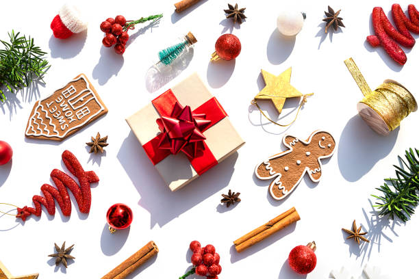 christmas decoration objects and gift box as holiday background. - home decoration stock pictures, royalty-free photos & images