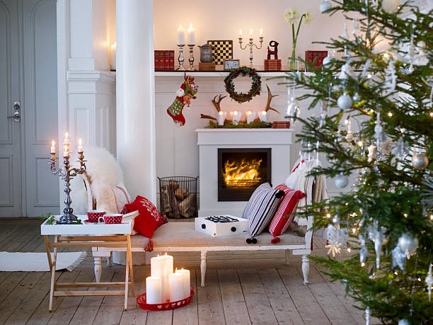 christmas decorations in living room - home decoration stock pictures, royalty-free photos & images