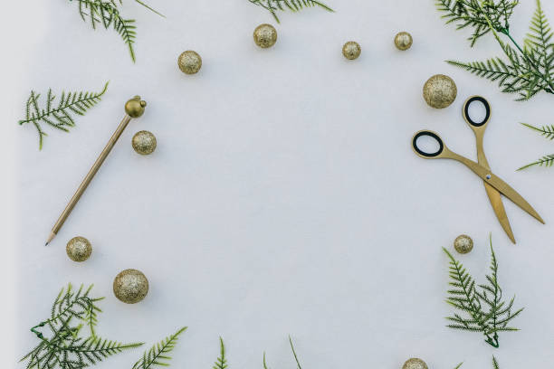 christmas frame with pinecone ,fir branches, scissors,pen - home decoration stock pictures, royalty-free photos & images