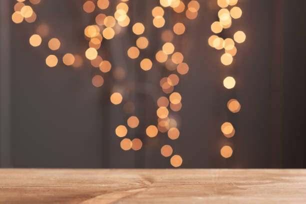 christmas holiday background, christmas table background with decorated christmas tree and garlands. beautiful empty christmas room. new year frame for your text - home decoration stock pictures, royalty-free photos & images