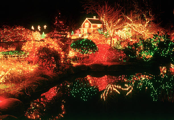 christmas lights - botanical gardens, shore acres state park - coos county, or - garden decoration stock pictures, royalty-free photos & images