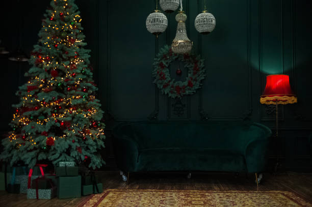 christmas living room decor in green colors. - home decoration stock pictures, royalty-free photos & images