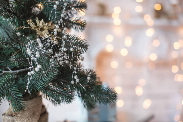 christmas tree close-up with pearl ornaments and bokeh lights - home decoration stock pictures, royalty-free photos & images