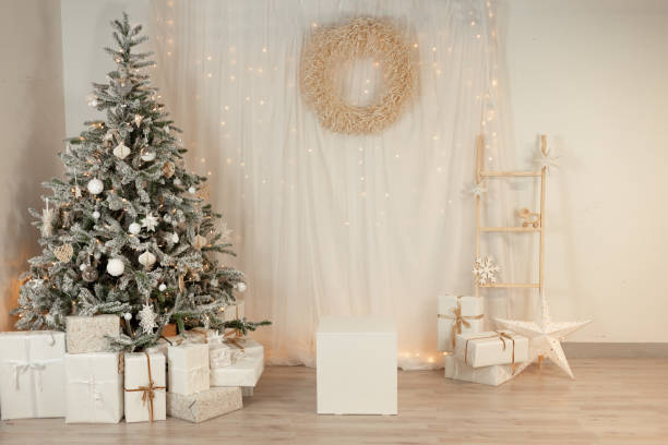 christmas tree decoration close up with blurry lights, blur and soft focus. silver and gold decor of christmas tree. winter holidays, celebration, christmas eve, christmas tree, events, party - home decoration stock pictures,
