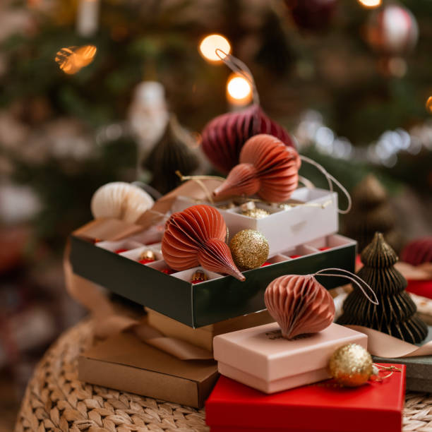 christmas tree ornament bauble and christmas gifts still life arrangement - home decoration stock pictures, royalty-free photos & images