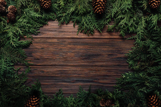 christmas wooden rustic background with fir tree. - home decoration stock pictures, royalty-free photos & images