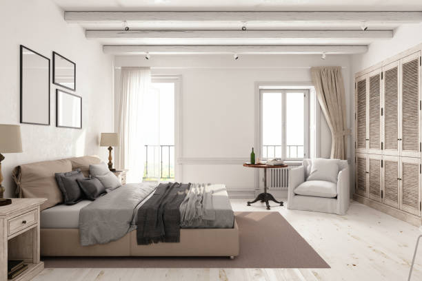 classic scandinavian bedroom - home decoration stock pictures, royalty-free photos & images