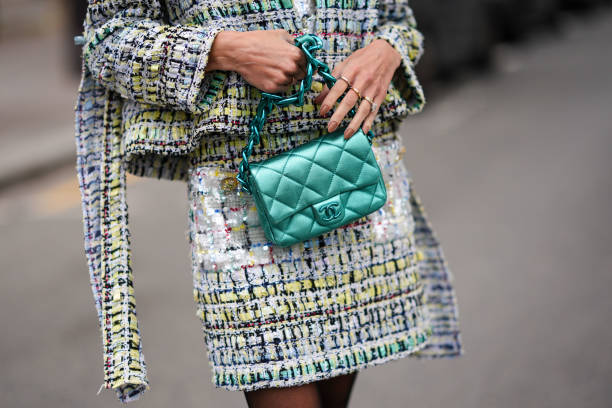 Close-up detail view of a Chanel bag, outside Chanel, during the Womenswear Fall/Winter 2024/2025 as part of Paris Fashion Week on March 05, 2024 in...