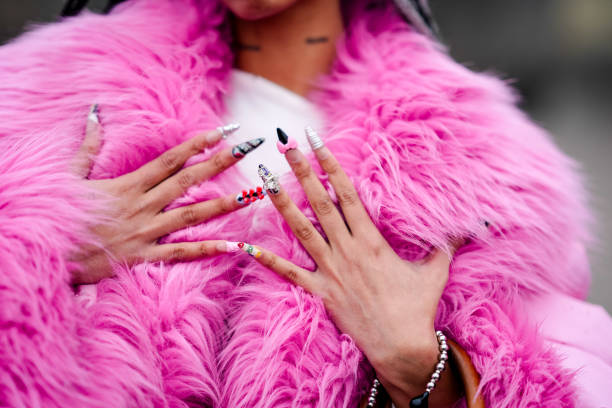 Close-up detail view of nail polish, outside Rolf Ekroth, during the Copenhagen Fashion Week AW24 on January 30, 2024 in Copenhagen, Denmark.