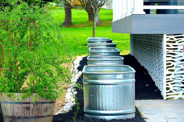 close-up of planters in backyard - garden decoration stock pictures, royalty-free photos & images