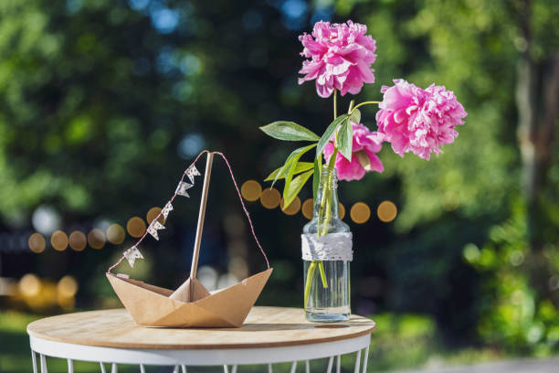 close-up of table decorations. garden party, summer festival, birthday party, baptism or wedding. - garden decoration stock pictures, royalty-free photos & images