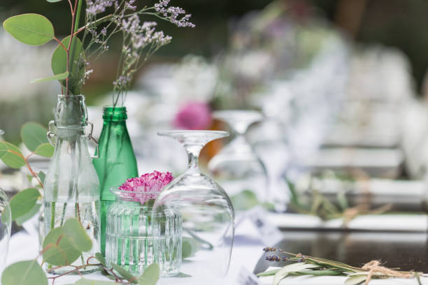 close-up of wedding table decorations. catering service. garden party, summer festival, wedding. catering. - garden decoration stock pictures, royalty-free photos & images