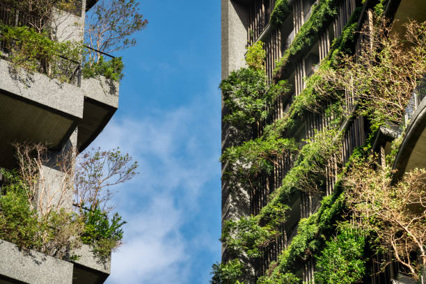 close up exterior of a green sustainable building covered with blooming plants - garden decoration stock pictures, royalty-free photos & images