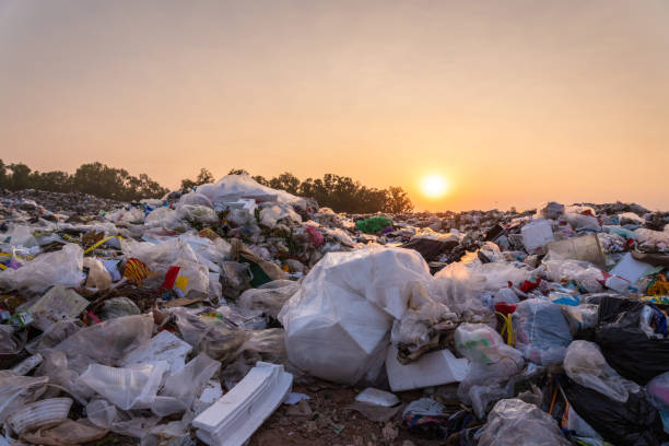 close up large garbage pile near the sunset, global warming - food stock pictures, royalty-free photos & images