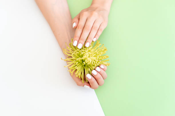 closeup view of woman with flower on color background. spa treatment - nails art stock pictures, royalty-free photos & images
