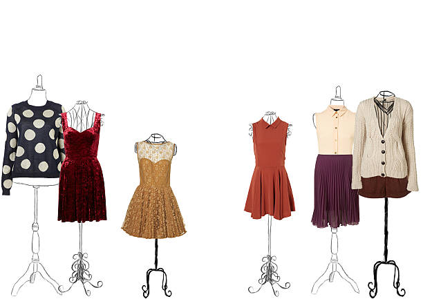 clothes on vintage stands - fashion stock pictures, royalty-free photos & images