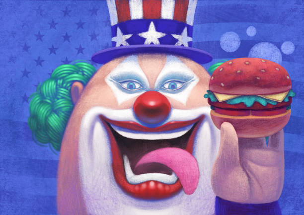 clown in uncle sam hat holding hamburger - junk food stock illustrations