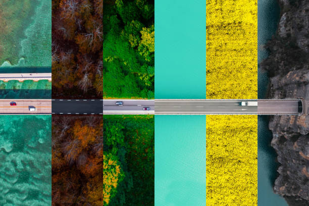 collage composition matching roads from directly above in different scenarios and seasons. - travel stockfoto's en -beelden