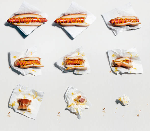 collage of hotdog being eaten - junk food stock pictures, royalty-free photos & images