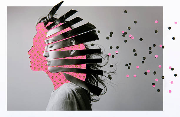 collage of woman thinking - hairstyle stockfoto's en -beelden