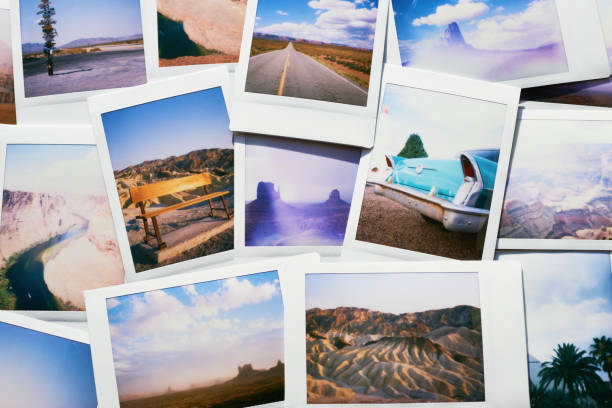collection of instant travel holiday photos on a table - travel stock pictures, royalty-free photos & images