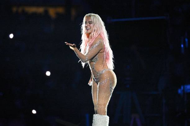 Colombian singer Karol G performs during her "Manana Sera Bonito" tour at the Rose Bowl in Pasadena, California, August 18, 2023.