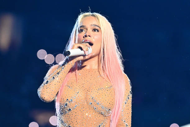 Colombian singer Karol G performs onstage during the Karol G Mañana Será Bonito Tour stop at Hard Rock Stadium on August 25, 2023 in Miami Gardens,...
