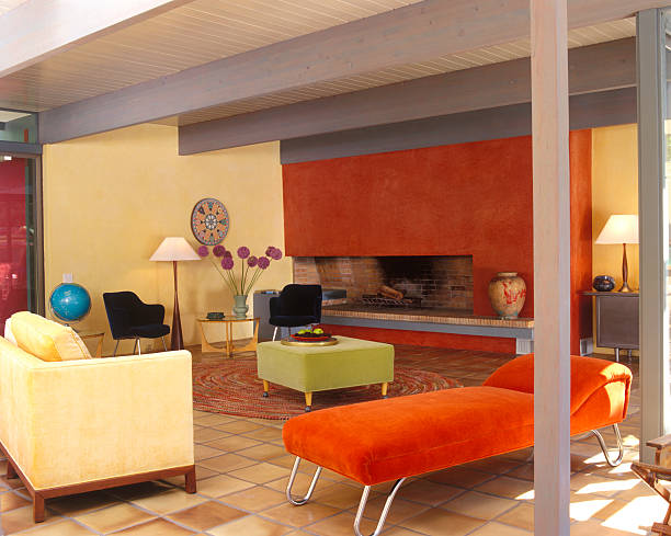 colorful modern living room with ceramic tile floor - home decoration stock pictures, royalty-free photos & images