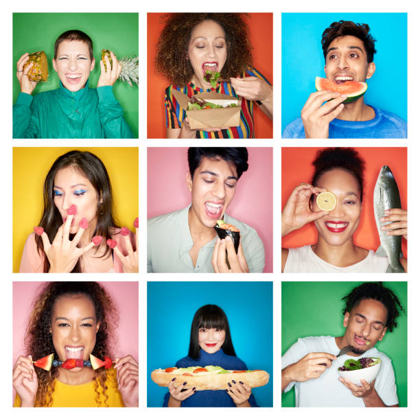 composite image of people eating healthy food - food stock pictures, royalty-free photos & images