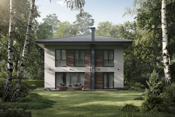 computer generated image of a house with large garden and lawn - garden decoration stock pictures, royalty-free photos & images