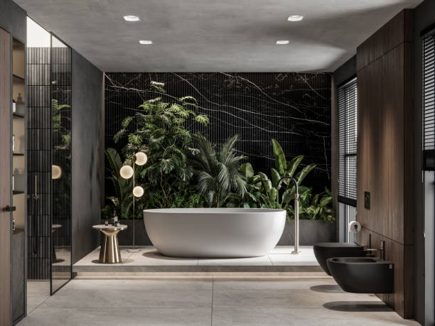 computer generated image of interior of bathroom in 3d with houseplant - home decoration stock pictures, royalty-free photos & images