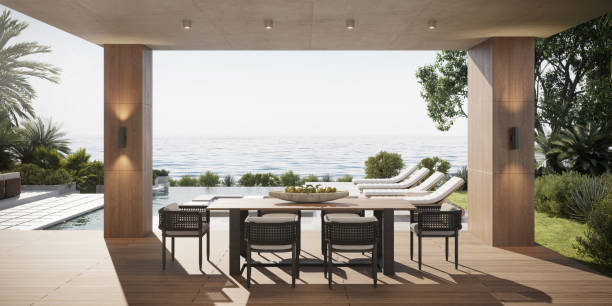 computer generated image of luxury house poolside overlooking the sea - home decoration stock pictures, royalty-free photos & images