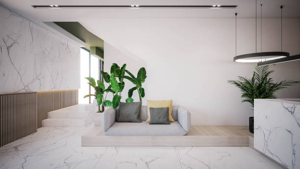 computer generated image of office building entrance hall. architectural visualization. 3d rendering. interior design - home decoration stock pictures, royalty-free photos & images