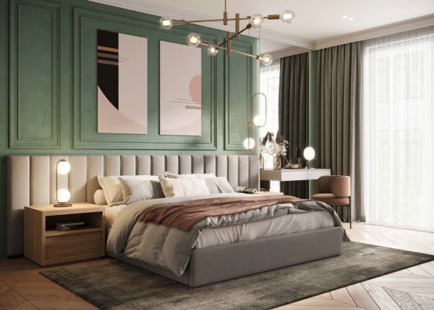 computer graphic of a vintage apartment with art - home decoration stockfoto's en -beelden