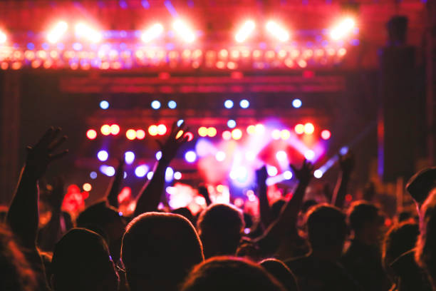 concert crowd cheering, concert audience cheering at live music venue, nightlife - concert stock pictures, royalty-free photos & images