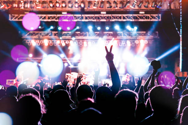 concert crowd rear view, audience arms raised, enthusiast number one fan - concert stock pictures, royalty-free photos & images