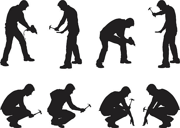 construction workers drilling and hammering - home decoration stock illustrations