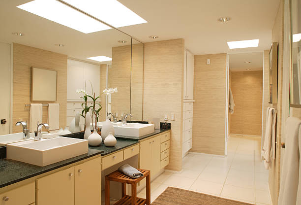 contemporary master bathroom with double sink vanity - home decoration stock pictures, royalty-free photos & images
