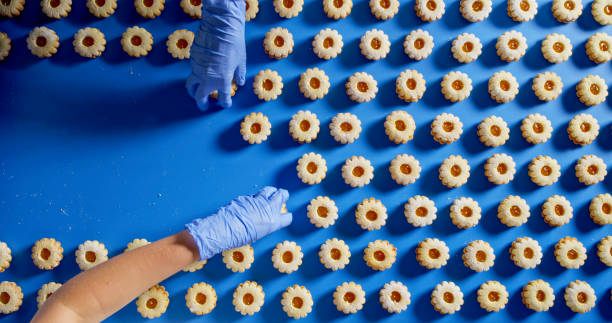 cookie arrangement on conveyor with gloved hand - food stock pictures, royalty-free photos & images
