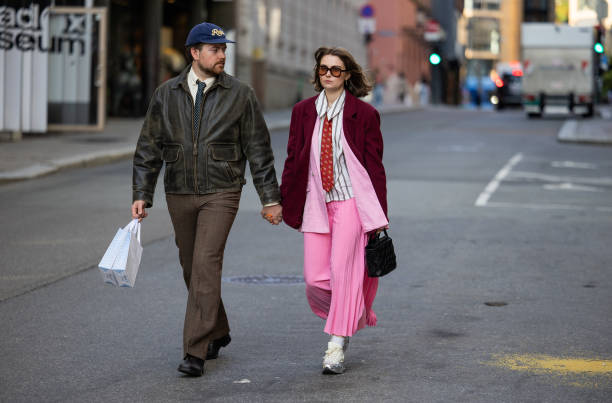Couple is seen at Oslo Fashion Week on August 26, 2024 in Oslo, Norway.