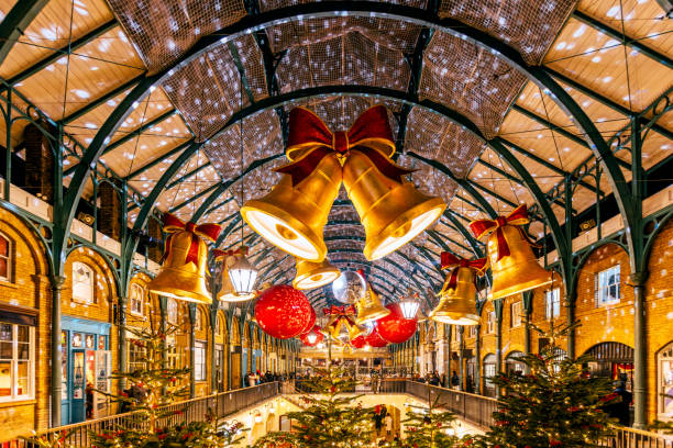 covent garden market decorated for christmas in winter, london, england, uk - garden decoration stock pictures, royalty-free photos & images