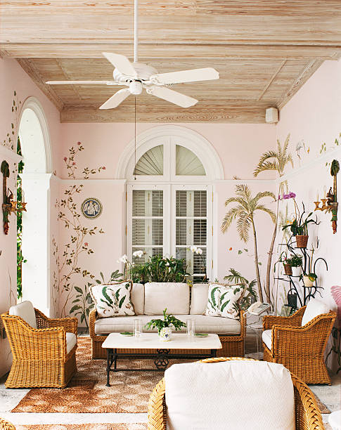 covered patio with wicker furniture - home decoration stock pictures, royalty-free photos & images