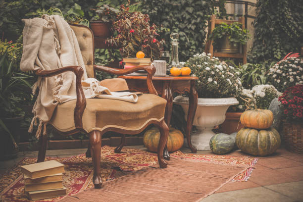 cozy autumn garden - garden decoration stock pictures, royalty-free photos & images