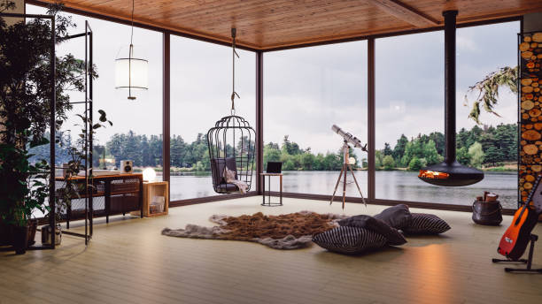 cozy lake house living room with lake view - home decoration stock pictures, royalty-free photos & images