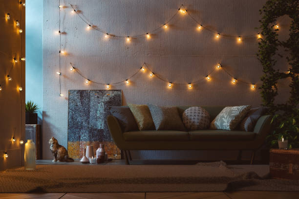 cozy living room detail with lonely cat - home decoration stock pictures, royalty-free photos & images