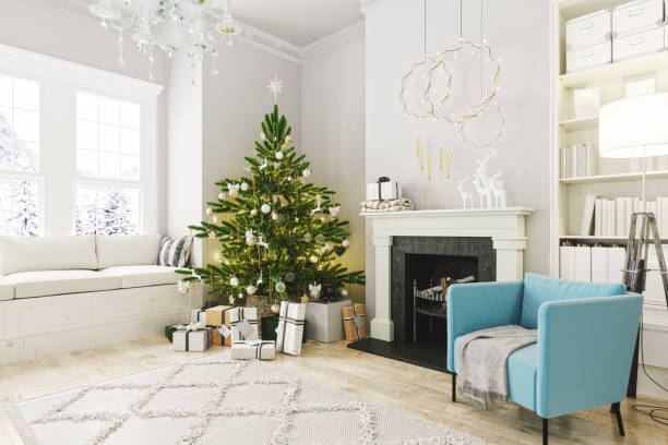cozy living room with fireplace and christmas decoration - home decoration stock pictures, royalty-free photos & images